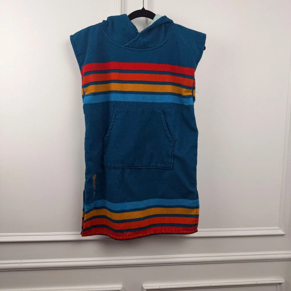 SunCube Kids Hooded Poncho Towel Striped Terry Cloth Swim Cover Up Blue Orange
